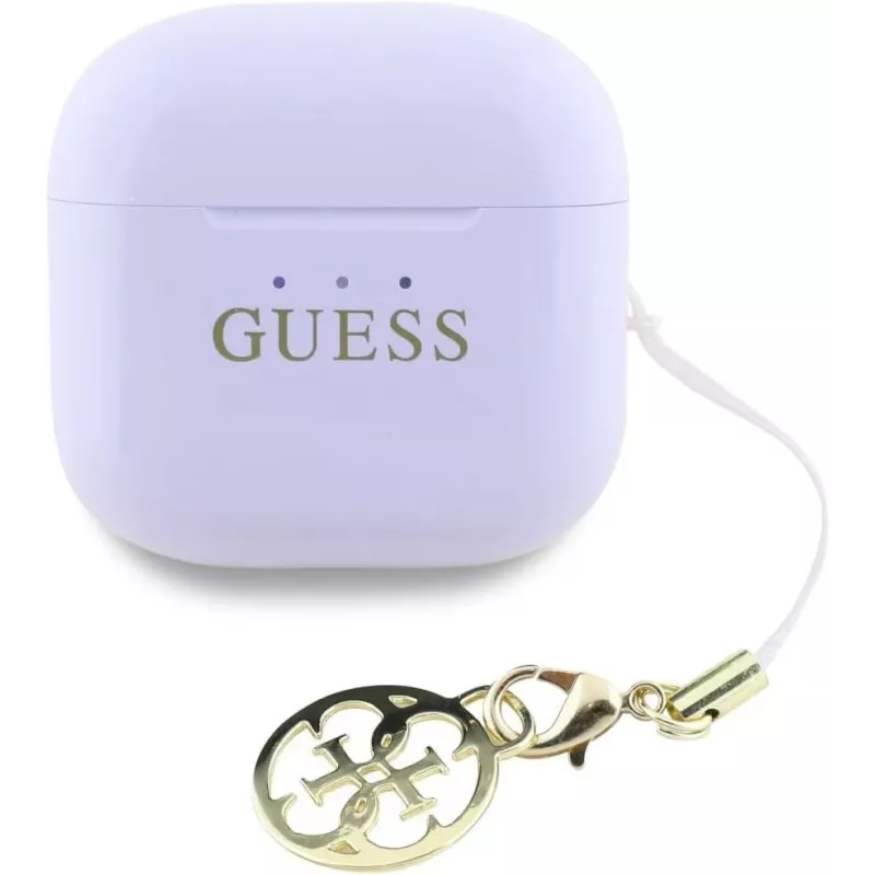 „Guess“ blizgaus paviršiaus belaidės ausinės su klasikiniu logotipu ir pakabuku, levandų spalvos