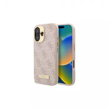 Guess GUHMP16SU4GPRP iPhone 16 6,1 colio rožinis kietasis dėklas su 4G logotipo plokštele ir MagSafe