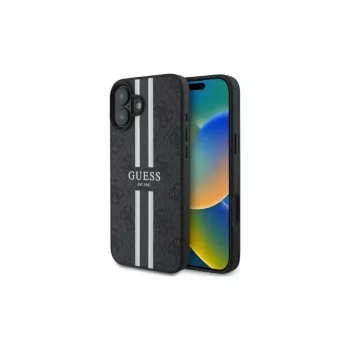 Guess GUHMP16SP4RPSK iPhone 16 6.1-inch Hard Case Black 4G Printed Stripes MagSafe