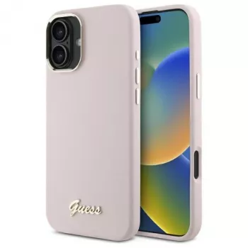 Guess GUHCP16SSMBSLP iPhone 16 6,1 inch Rožinis Silikoninis Dėklas su Script Metalo Logotipu ir Rėmeliu