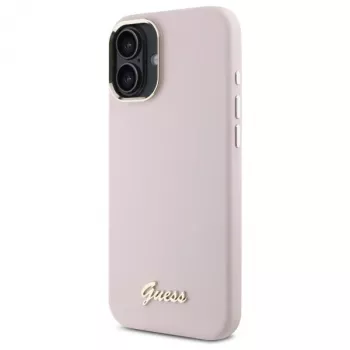 Guess GUHCP16SSMBSLP iPhone 16 6,1 inch Rožinis Silikoninis Dėklas su Script Metalo Logotipu ir Rėmeliu