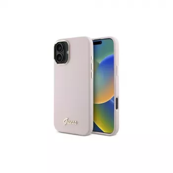 Guess GUHCP16MSMBSLP iPhone 16 Plus 6,7 inch rožinis silikoninis dėklas su metaliniu logotipu ir rėmeliu
