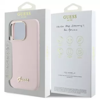 Guess GUHCP16LSMBSLP iPhone 16 Pro 6,3 colio rožinis silikoninis kietas dėklas su Script Metal logotipu ir rėmeliu