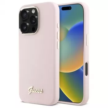Guess GUHCP16LSMBSLP iPhone 16 Pro 6,3 colio rožinis silikoninis kietas dėklas su Script Metal logotipu ir rėmeliu