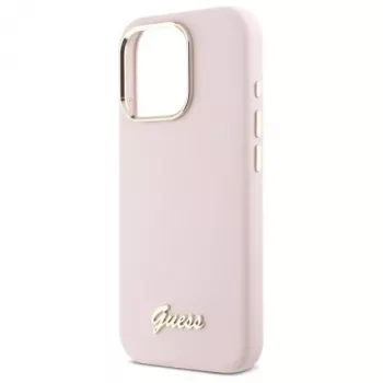 Guess GUHCP16XSMBSLP iPhone 16 Pro Max 6,9 colio rožinis silikoninis dėklas su metaliniu logotipu ir rėmeliu