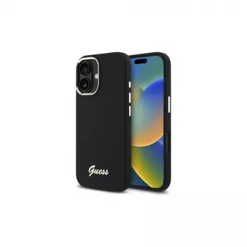 Guess GUHCP16SSMBSLK iPhone 16 6,1 colio juodas silikoninis dėklas su metaliniu logotipu ir rėmeliu