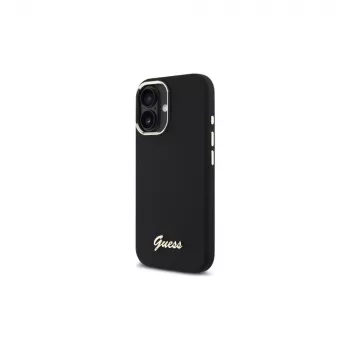 Guess GUHCP16SSMBSLK iPhone 16 6,1 colio juodas silikoninis dėklas su metaliniu logotipu ir rėmeliu