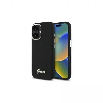 Guess GUHCP16MSMBSLK Silicone Script Metal Logo & Frame Hard Case, skirta Apple iPhone 16 Plus 6,7 inch - juoda