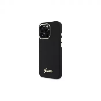 Guess GUHCP16LSMBSLK iPhone 16 Pro 6,3 colio juodas kietas silikoninis dėklas su Script metaliniu logotipu ir rėmeliu