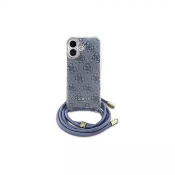 Guess GUHCP16SHC4SEB iPhone 16 6,1 colio mėlynas kietas dėklas su kryžminiu dirželiu 4G raštas