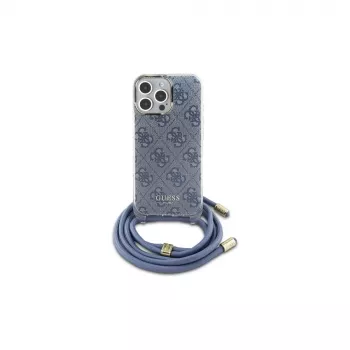Guess GUHCP16LHC4SEB iPhone 16 Pro 6,3 colio mėlynas kietas dėklas su kryžminiu dirželiu 4G spauda