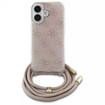 Guess GUHCP16SHC4SEP iPhone 16 6,1 colio rožinis kietas dėklas su kryžminiu dirželiu 4G raštas