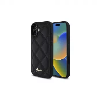 Guess Quilted Metal Logo Hard Case, skirta Apple iPhone 16 Plus 6,7 colio – juoda