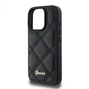 Guess GUHCP16LPSQSQSK Kietasis dėklas Apple iPhone 16 Pro 6,3 colio juodas su dygsniuotu raštu ir metaliniu logotipu