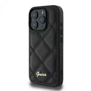 Guess GUHCP16LPSQSQSK Kietasis dėklas Apple iPhone 16 Pro 6,3 colio juodas su dygsniuotu raštu ir metaliniu logotipu