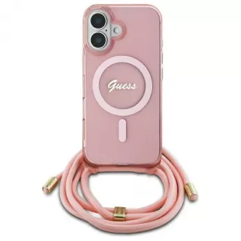 Guess GUHMP16SHCTSGNSP iPhone 16 6,1 colio rožinis kietas dėklas su kryžminiu dirželiu Script MagSafe