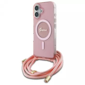 Guess GUHMP16SHCTSGNSP iPhone 16 6,1 colio rožinis kietas dėklas su kryžminiu dirželiu Script MagSafe