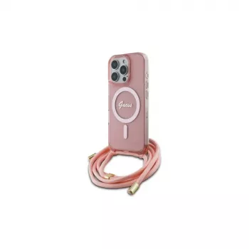 Guess GUHMP16XHCTSGNSP iPhone 16 Pro Max 6,9 colio rožinis kietas dėklas su kryžminiu dirželiu Script MagSafe