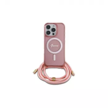 Guess GUHMP16XHCTSGNSP iPhone 16 Pro Max 6,9 colio rožinis kietas dėklas su kryžminiu dirželiu Script MagSafe