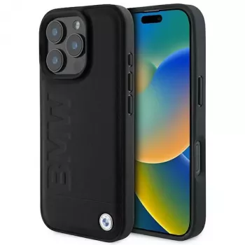 BMW Hot Stamp Leather Hard Case, skirta iPhone 16 Pro 6,3 colio, juoda