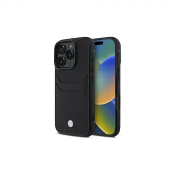 BMW Signature Leather Hardcase su kortelių lizdu, skirtas Apple iPhone 16 Pro Max 6,9 colio, juodos spalvos