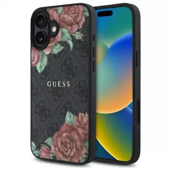 Guess GUHMP16SP4ROPEMCK Kietasis dėklas, skirtas Apple iPhone 16 6,1 colio, juodas, 4G gėlių raštas, MagSafe