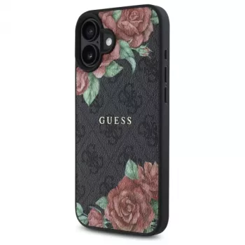 Guess GUHMP16SP4ROPEMCK Kietasis dėklas, skirtas Apple iPhone 16 6,1 colio, juodas, 4G gėlių raštas, MagSafe