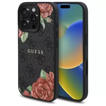 Guess GUHMP16LP4ROPEMCK Dėklas Apple iPhone 16 Pro, 6,3 colio, Juodas, 4G Gėlių Raštas, MagSafe