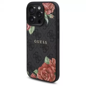 Guess GUHMP16LP4ROPEMCK Dėklas Apple iPhone 16 Pro, 6,3 colio, Juodas, 4G Gėlių Raštas, MagSafe