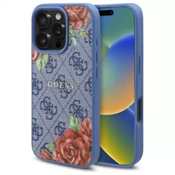 Guess GUHMP16LP4ROPEMCB iPhone 16 Pro 6,3 col. mėlynas kietas dėklas 4G Flowers Print su MagSafe