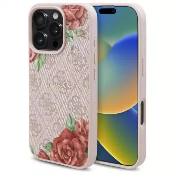 Guess GUHMP16LP4ROPEMCP Kietasis dėklas iPhone 16 Pro 6,3 colio Rožinis 4G Flowers Print MagSafe