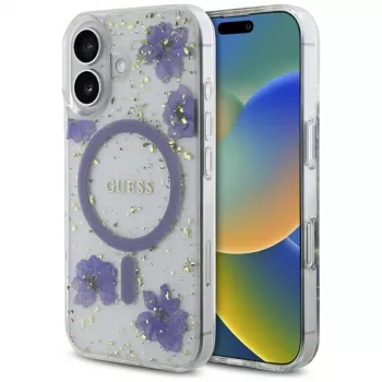 Guess Resin Flowers Glitter MagSafe Case for iPhone 16 Purple