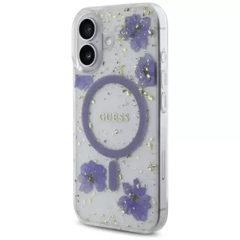 Guess Resin Flowers Glitter MagSafe Case for iPhone 16 Purple