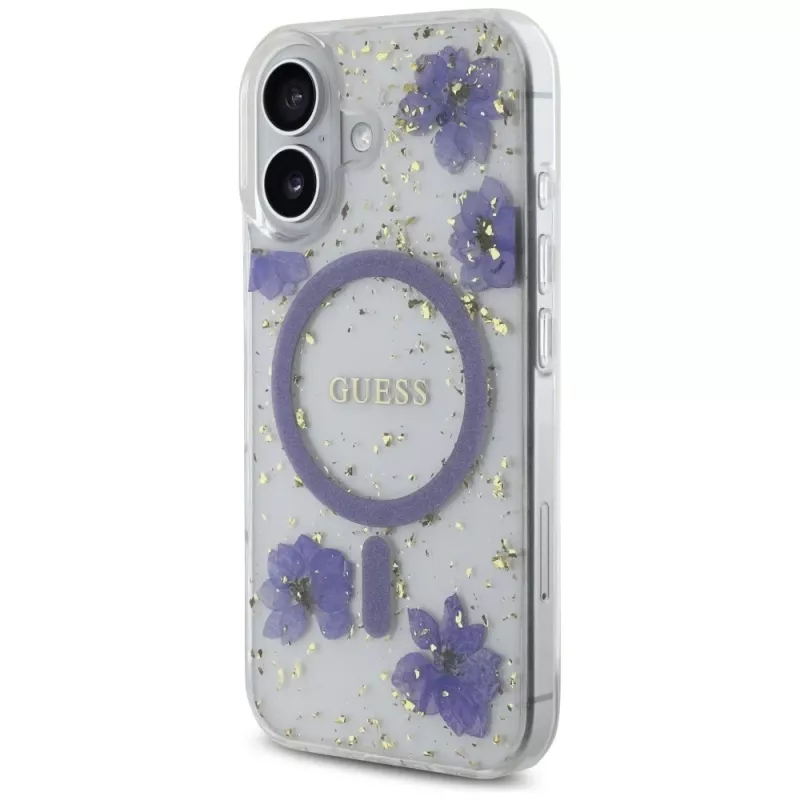 Guess Resin Flowers Glitter MagSafe Case for iPhone 16 Purple