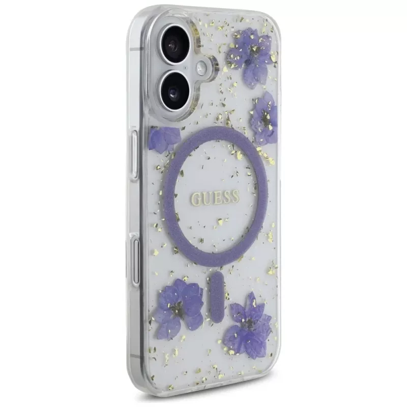 Guess Resin Flowers Glitter MagSafe Case for iPhone 16 Purple