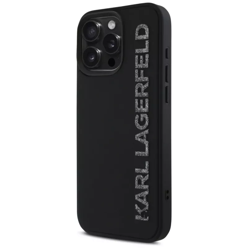 KARL LAGERFELD HC 3D Rubber Elongated Glitter Case, skirtas Apple iPhone 16 Pro, juoda