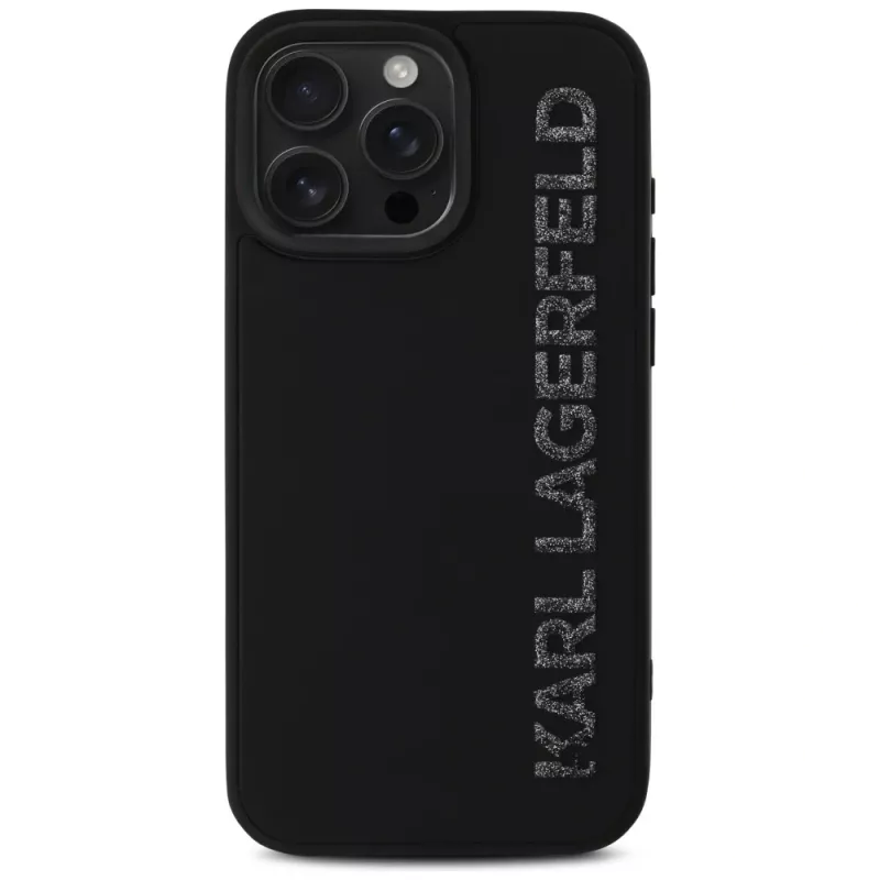 KARL LAGERFELD HC 3D Rubber Elongated Glitter Case, skirtas Apple iPhone 16 Pro, juoda