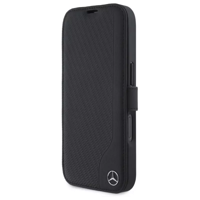 Mercedes-Benz MEBKP16S23RBGVK Bookcase for iPhone 16 6.1, Black, Faux Leather & Wood Imitation