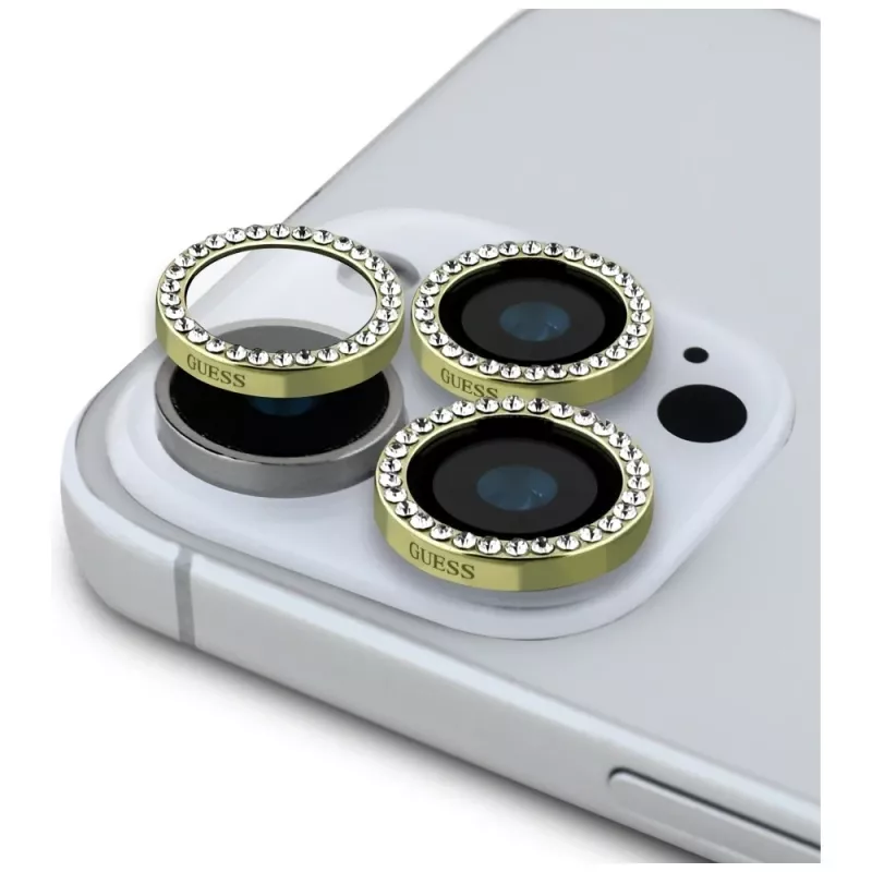 2-in-1 Guess BP Rhinestone Screen and Camera Lens Protector Kit, iPhone 16 Pro Max, Gold