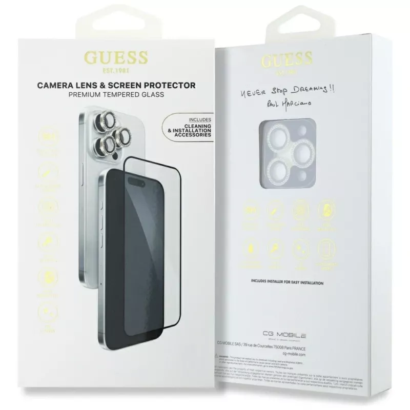 2-in-1 Guess BP Rhinestone Screen and Camera Lens Protector Kit, iPhone 16 Pro Max, Gold
