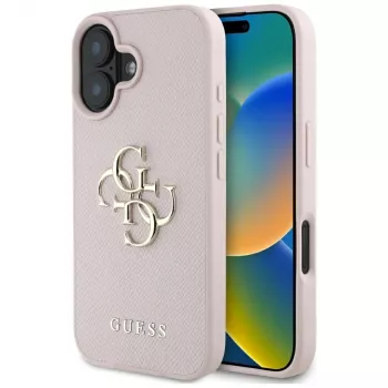 Guess Grained Big 4G Logo Small Classic Logo Back Cover, skirta Apple iPhone 16 - Rožinė