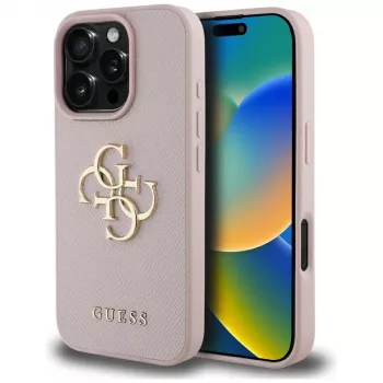 Guess Grained Big 4G Logo Small Classic Logo Back Cover for Apple iPhone 16 Pro (Pink)