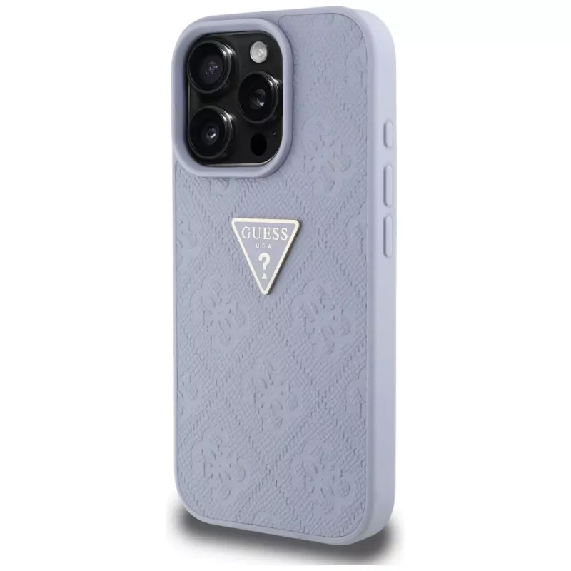 Guess Hot Stamp 4G Pattern Triangle Metal Logo Dėklas, skirtas iPhone 16 Pro Max (Violetinė)