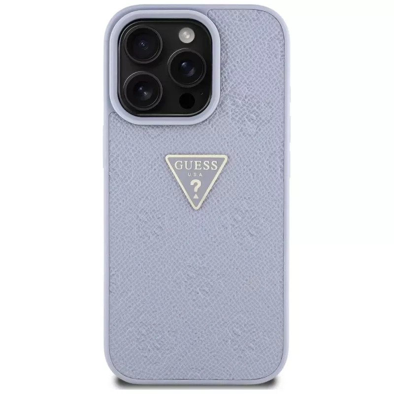 Guess Hot Stamp 4G Pattern Triangle Metal Logo Dėklas, skirtas iPhone 16 Pro Max (Violetinė)