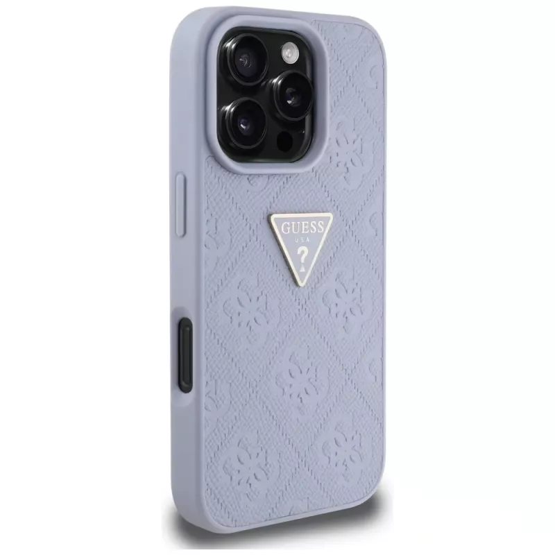 Guess Hot Stamp 4G Pattern Triangle Metal Logo Dėklas, skirtas iPhone 16 Pro Max (Violetinė)