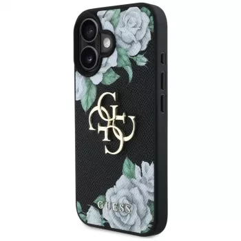 Guess Grained Roses Big 4G Logo Dėklas, skirtas Apple iPhone 16, juodas