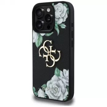 Guess Grained Roses Big 4G Logo Dėklas, skirtas Apple iPhone 16 Pro, Juodas