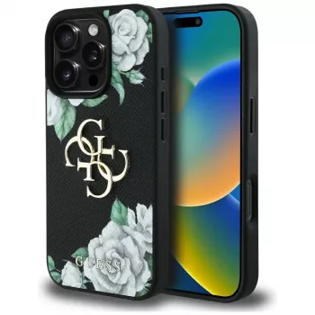 Guess Grained Roses Big 4G Logo Dėklas, skirtas iPhone 16 Pro Max, Juodas