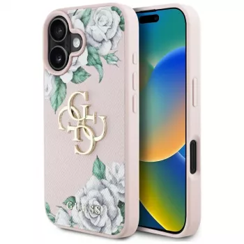 Guess Grained Roses Big 4G Logo Dėklas, skirtas Apple iPhone 16 - Rožinis