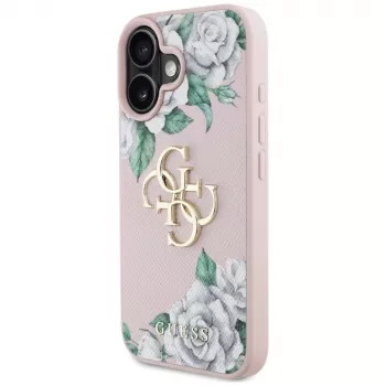Guess Grained Roses Big 4G Logo Dėklas, skirtas Apple iPhone 16 - Rožinis